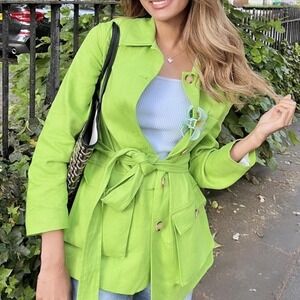 ZARA Linen Blend Belted Blazer Jacket Green Button Front Lapel Collar